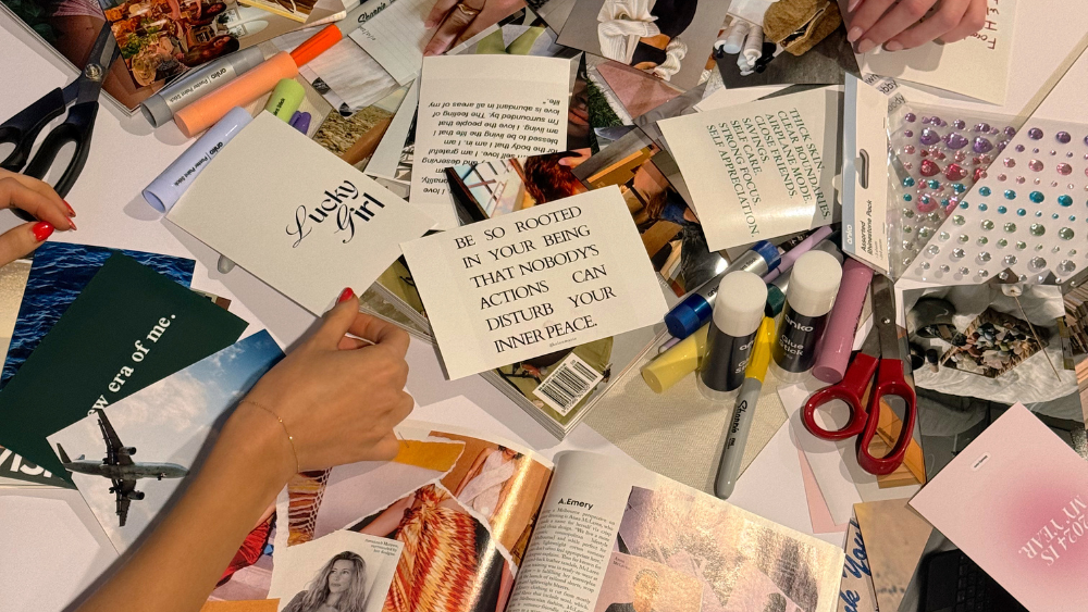 Gen z and Gen Alpha friends sitting round a table making moodboards - Dig & Dig